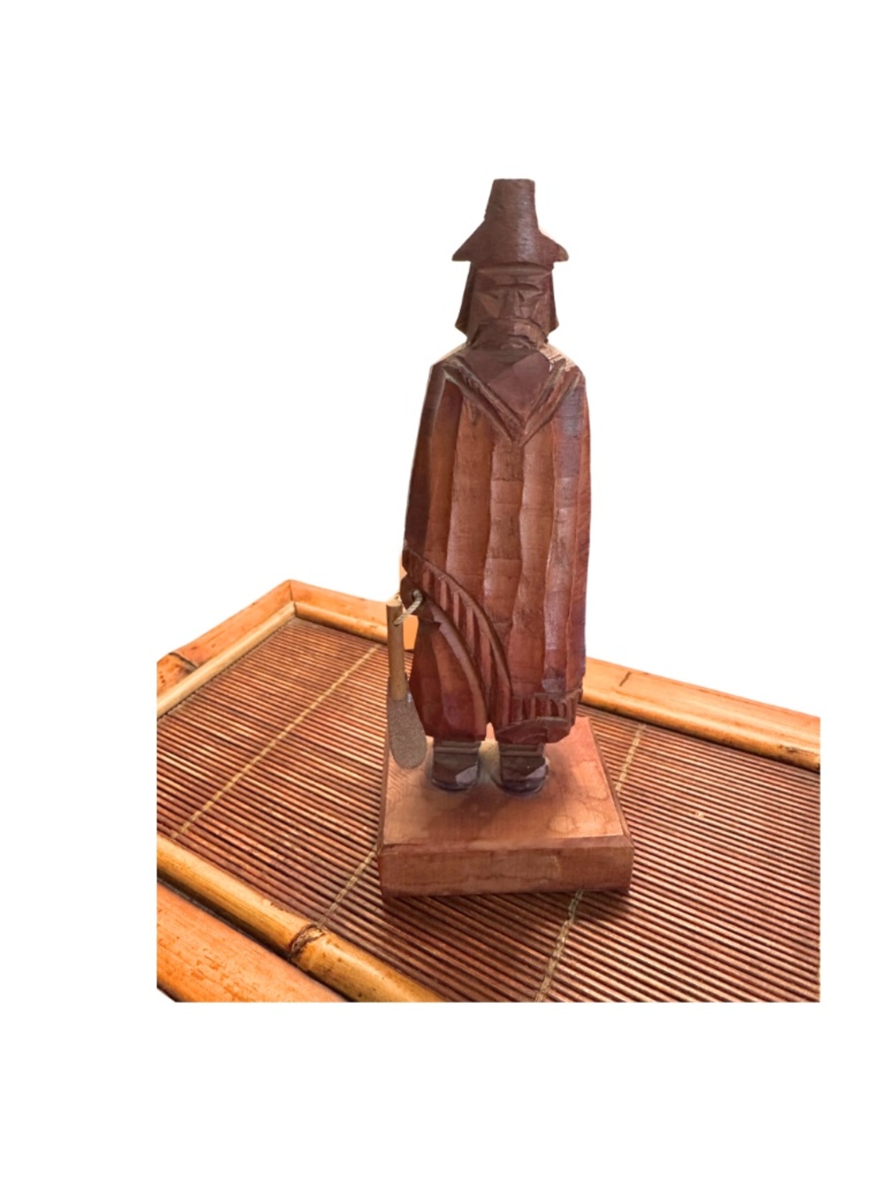 Vintage Hand-Carved Wood Figurine Andean Man w/ Poncho & Paddle Tool Folk Art